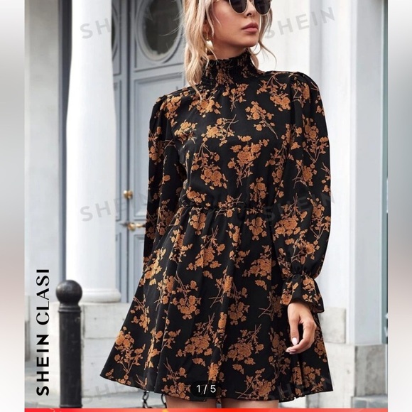 SHEIN clasi | shirred high neck flounce sleeve floral minidress | sz 6 nwot. - Picture 5 of 11